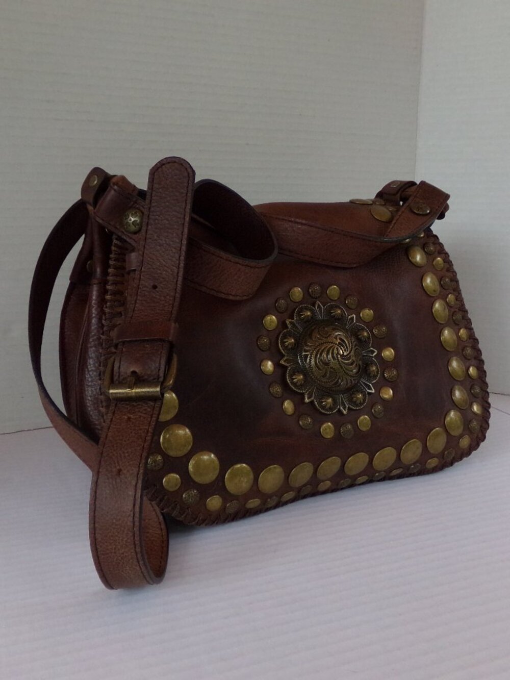 Patricia Nash Leather Brown Saddle Bag Crossbody Shoulder Purse Studded Western